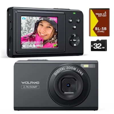 Abbildung von WOLFANG Digital Camera,2.7K Kids Camera for Photography,50MP Compact Vlogging Camera,16X Zoom Video Camera,Auto Focus Point and Shoot Cameras,Gift Students Teens
