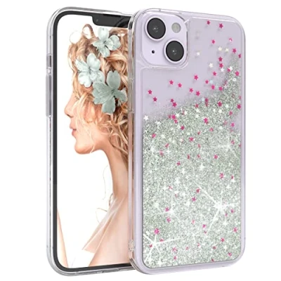 Abbildung von EAZY CASE Hülle kompatibel mit iPhone 14 Plus Schutzhülle Flüssig Glitzer, Handyhülle, Schutzhülle, Back Cover Glitter Flüssigkeit, TPU/Silikon, Transparent/Durchsichtig, Silber