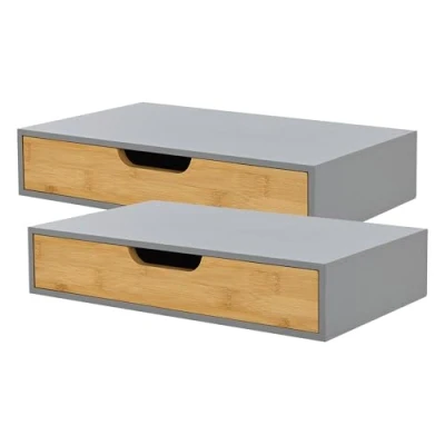 Abbildung von [en.casa] Wandregal 2er Set Bokn mit Schublade Bambus Schweberegal Hängeregal Wandablage Wandboard Nachttisch Ablage Grau 40 x 24 8 cm Wandschublade
