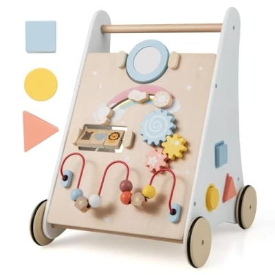 Abbildung von FANTASK 7 in 1 Lauflernhilfe aus Holz, Laufwagen zum Schieben mit Aufbewahrungsbox Weiß, Lauflernwagen Spielbrett, Spiegel &amp; Bauklötzen, Laufhilfe Baby ab Jahr