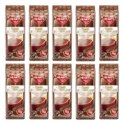 Abbildung von HEARTS Trinkschokolade 10 x 1kg Vorteilspack Getränkepulver Instant Kakaopulver löslich, milchig, cremig reicht für 800 Tassen Einfache Zubereitung