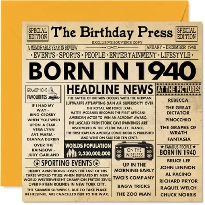 Abbildung von Geburtstagskarte zum 84. Geburtstag für Männer und Frauen, Zeitung &quot;Born in 1940 Newspaper Happy 84 Birthday Card for Grandad Grandma Nan Vintage Retro Back 1940, 145 mm x mm,