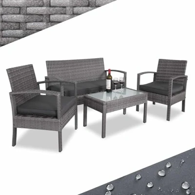 Abbildung von Casaria® Gartenmöbel Set Wetterfest 4 Personen Outdoor inkl. Auflagen Polyrattan 2 Sessel Gartenbank Tisch Garten Terrasse Balkon Möbel Lounge Grau