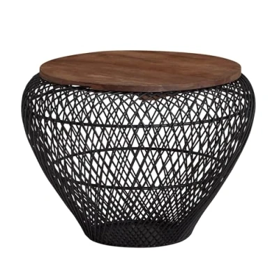 Abbildung von FINEBUY Couchtisch FB41528 (Mango Massivholz Metall 60x60x45 cm Schwarz), Beistelltisch Sofatisch Korbtisch Rund Stauraum