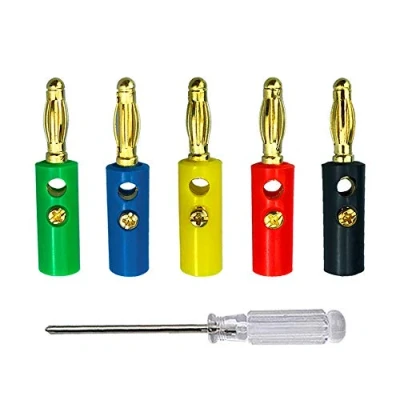 Abbildung von Aiqeer 50 Stück 4 mm Bananenstecker, Vergoldet Banane Lautsprecher Stecker, Lötfreier Bananensteckeradapter, für Lautsprecher, Audio/Video Empfänger (Rot, Gelb, Blau, Grün, Schwarz)