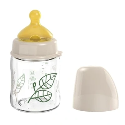 Abbildung von nip Cherry Weithalsflasche Glas mit Kirschsauger aus Latex, Anti Colic Babyflasche, Größe S, von Geburt an, 120 ml, Braun