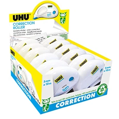 Abbildung von UHU Correction Roller Compact, Korrekturroller zum schnellen, sauberen und zeilengenauen Korrigieren von Texten, weiß deckend, 12 Stück à 10 m x 5 mm