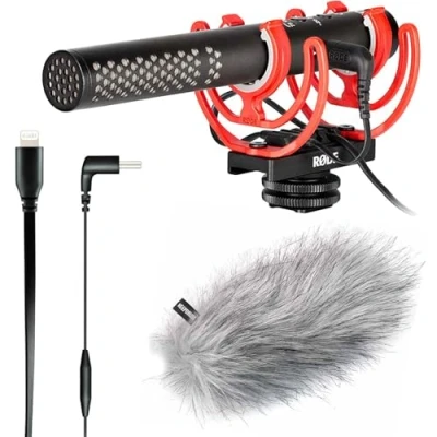 Abbildung von Rode Videomic NTG Broadcast Kamera Mikrofon + SC15 Anschlusskabel USB C zu Light ning keepdrum Fell Windschutz