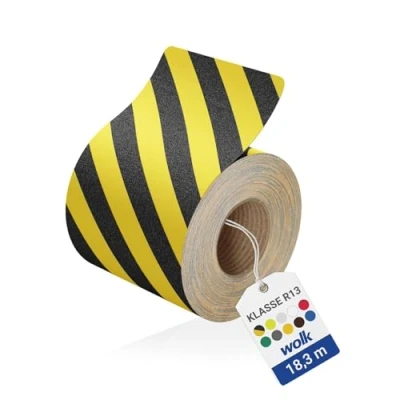 Abbildung von wolk Antirutsch Klebeband R13 (150,0 mm x 18,3 m) Gelb/Schwarz Selbstklebendes Anti Rutschband für Treppen, Rampen &amp; Gehflächen Rutschhemmung nach BGR 181 (R13)