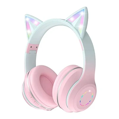 Abbildung von OHAANYY Bluetooth Kopfhörer Kinder,Katzenohren Faltbare Mädchen Over Ear, Kinderkopfhörer Kabellos mit LED licht Katzenohren und Mikrofon für Schule/Tablet/Handy/PC (Blau) (Rosa)