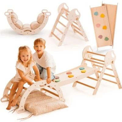 Abbildung von Goodevas 5 in 1 Montessori Klettergerüst Set: Indoor Kletterdreieck, Kletterbogen mit Kissen, und Rutsche für Kinder, Spielplatz 3 Jahre