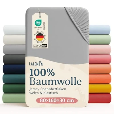 Abbildung von Laleni Jersey Spannbettlaken 80x160 cm Babybett 2er Set Oeko TEX zertifiziertes Hausbett Kinder Bezug 100% Baumwolle Baby Bettwäsche in Grau