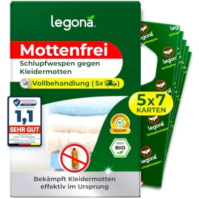 Abbildung von Legona® Schlupfwespen gegen Kleidermotten 7 Karten à 5 Lieferungen Effektiv Kleider Motten bekämpfen Alternativer Mottenschutz für Kleiderschrank, Mottenfalle Kleidermotten, Mottenspray