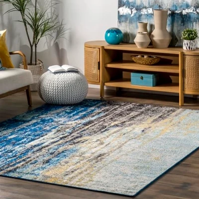 Abbildung von nuLOOM Waterfall Vintage Abstract Teppich, Blau, 152 cm x 243.8
