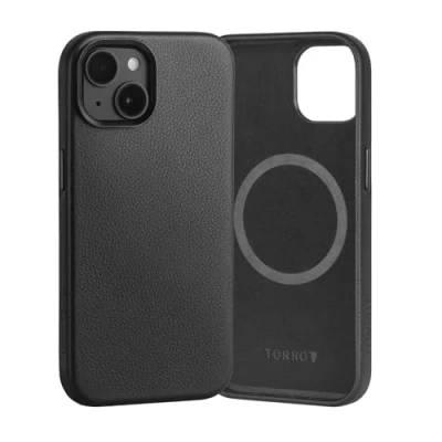 Abbildung von TORRO Hülle Leder Kompatibel mit iPhone 15 Echt lederhülle MagSafe kompatible Schlanke Bumper (Schwarz)