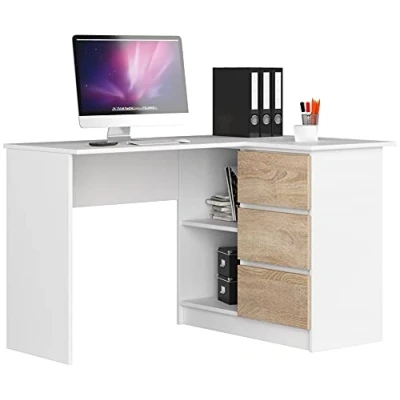 Abbildung von AKORD Eckschreibtisch mit Regal und 3 Schubladen Schreibtisch ecktisch Eck für Home Office Einfache Montage Weiß &amp; Sonoma Eiche Front