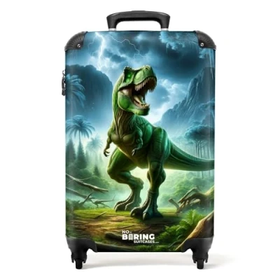 Abbildung von NoBoringSuitcases.com© Kinderkoffer Grüner Dinosaurier im Dschungel 55x35x20cm, 4 Rollen, Handgepäck Koffer, Hartschalenkoffer Kinder, Jungen
