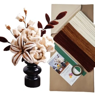 Abbildung von YYUENGTAK Vintage Braun Pfeifenreiniger Blumen Set,mit 200 Stück Pfeifenputzer zum basteln Blumen(3 Farben),Anweisungen,12 Basteldraht,Geschenkpapier,Geschenkband,Blumenband,Schmelzklebstoffe