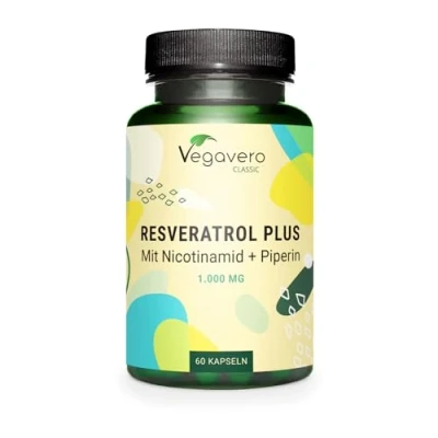 Abbildung von Resveratrol Vegavero® 1000 mg Trans (125:1) Plus Nicotinamid und Piperin 98% rein aus japanischem Staudenknöterich Ohne Zusatzstoffe 60 Kapseln Vegan