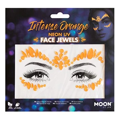Abbildung von Moon Glow Neon UV Gesichtsjuwelen, Festival Gesichts Körper Edelsteine, Kristall Make up Augen Glitzeraufkleber, temporäre Tattoo Juwelen (intensiv) (Orange, 1 Stück)