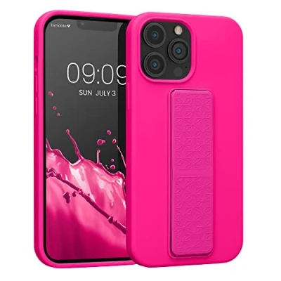 Abbildung von kwmobile Handyhülle kompatibel mit Apple iPhone 13 Pro Max Hülle Fingerhalter und Standfunktion Silikon Case Handy Cover in Neon Pink
