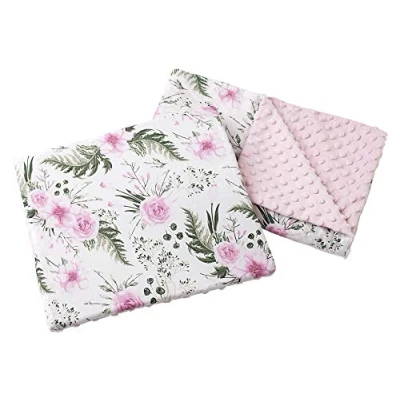 Abbildung von Medi Partners Babydecke Krabbeldecke mit Kissen 100% Baumwolle Minky Kinderdecke 55x75 + 35x30cm multifunktional für Kinderwagen Babyschale Wiege (Blument Hellrosa Minky)