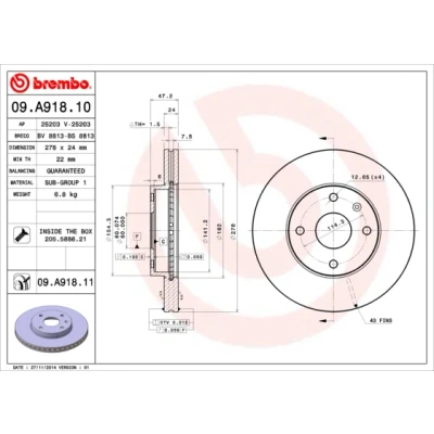 Abbildung von BREMBO COATED DISC LINE 09.A918.11 Bremsscheibe 278 24 4 innenbelüftet beschichtet mit Schrauben CHEVROLET: Epica Limousine