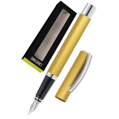 Abbildung von ONLINE Füller Vision Gold I Eleganter Füllfederhalter mit Iridium Feder M &amp; mattierter Aluminium Oberfläche Für Standard Tintenpatronen Konverter Goldener Füllhalter in Geschenkverpackung