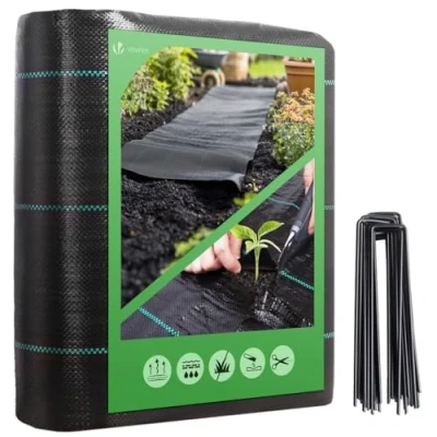 Abbildung von VOUNOT® Unkrautvlies 2x10m mit 30 Bodenanker, Reißfestes Gartenvlies Wasserdurchlässig, Mulchfolie für Garten, Hochbeet und Terrasse, Premium Unkrautfolie 100g/m²