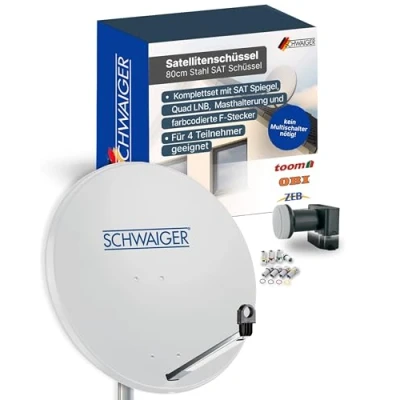 Abbildung von SCHWAIGER 500 SAT Anlage Satelliten Set Satellitenschüssel Quad LNB digital 8X F Stecker 7mm Antenne aus Stahl Komplettset Hellgrau 74,5 x 84,5cm