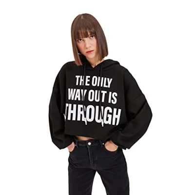 Abbildung von TRENDYOL Damen Black Printed Crop Knitted Schardon Hooded Sweatshirt, Schwarz, XL EU