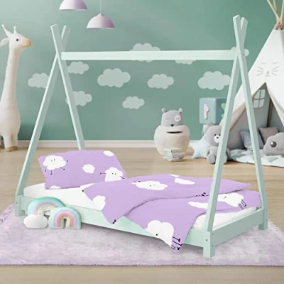 Abbildung von ML Design Kinderbett Tipi 80 x 160 cm mit Lattenrost, Mint, Kiefernholz, Indianer Bett aus Massivholz, Hausbett für Mädchen und Jungen, Kinderhaus Jugendbett Holzbett Bettenhaus Spielbett Zelt Holz