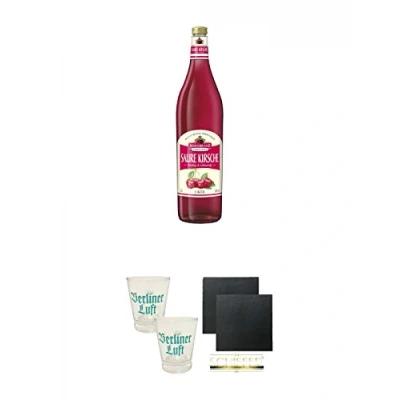 Abbildung von Nordbrand SAURE KIRSCHE 16% 3,0 Liter Magnum + Berliner Luft Shot Glas 4cl 2 Stück Schiefer Glasuntersetzer eckig ca. 9,5 cm Ø