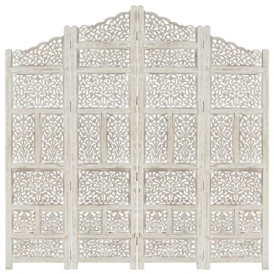 Abbildung von vidaXL Mangoholz Massiv Raumteiler 4 TLG. Handgeschnitzt Klappbar Trennwand Paravent Umkleide Sichtschutz Spanische Wand Weiß 160x165cm