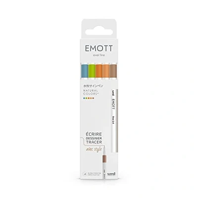 Abbildung von Emott Uni Ball Mitsubishi Pencil 5 Filzstifte Natural Colors zum Schreiben, Zeichnen, Plotten mit Stil feine Spitze 0,4 mm Hellgrün, Sachsenblau, Beige, Orange, Lachsrosa