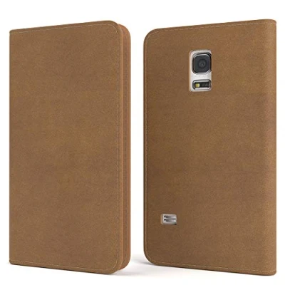 Abbildung von EAZY CASE Tasche kompatibel mit Samsung Galaxy S5 Mini Vintage Schutzhülle Standfunktion Klapphülle Bookstyle, Handytasche Handyhülle Magnetverschluss und Kartenfach, Kunstleder, Hellbraun