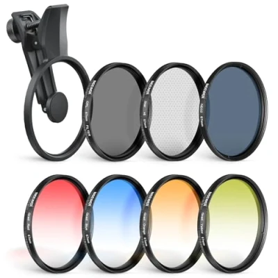 Abbildung von NEEWER FL P14 ND Filter Set, 67 mm, kompatibel mit Android Samsung Google Huawei Xiaomi Phone, Clip On CPL+ ND32 + Starlight GND (Rot/Orange/Gelb/Blau), Fotografie Zubehör Set Hülle, 7 Stück