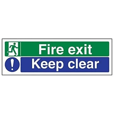 Abbildung von VSafety Schild für Notausgang mit Aufschrift „Fire Exit/Keep Clear“, Querformat, 300 x 100 mm, 1 mm dicker Hartkunststoff, englische Version