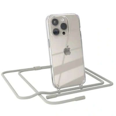 Abbildung von EAZY CASE Handykette kompatibel mit iPhone 15 Pro dünne Handyhülle für Hülle Band als Fallschutz Kette zum Umhängen transparente Silikon in Taupe