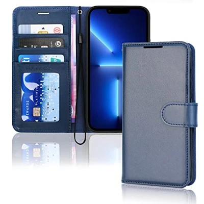 Abbildung von TECHGEAR hülle iPhone 13 Pro Leder PU Flip Schutzhülle Ledertasche [Brieftasche] Handyhülle mit Ständer und Handschlaufe Blau Kompatible