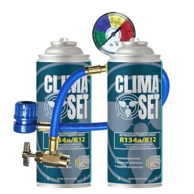 Abbildung von ClimaSet R134a kältemittel Ersatzgas Kühlmittel Klima Auto Gasflasche 2x170 g Klimaanlage Nachfüllset Wohnmobil schlauch Manometer ECO