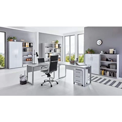 Abbildung von BMG Moebel.de Büromöbel komplett Set Arbeitszimmer Office Edition in Lichtgrau/Weiß Hochglanz (Set 7)