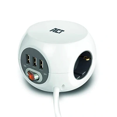 Abbildung von ACT Steckdosenwürfel mit USB und 3m Kabel, Powercube 3 A Stecker (2.4A/12W) Schalter, Fach Steckdose, Inkl. Klebepad für Küche, Büro, Wohnzimmer, Kabellänge 3m, Farbe Weiß AC2410
