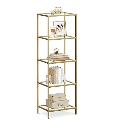 Abbildung von VASAGLE Regal mit 5 Ablagen, Badregal, gehärtetes Glas, einfache Montage, für Badezimmer, Wohnzimmer, Küche, Büro, transparent metallisches Gold LGT029A01