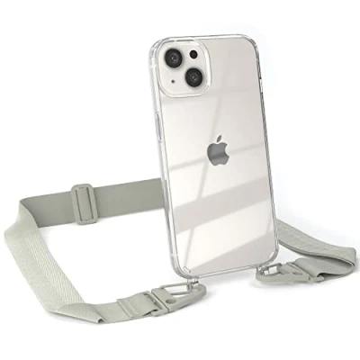 Abbildung von EAZY CASE Hülle mit Band kompatibel iPhone 13 Handyhülle Umhängeband für Silikonhülle Transparent Schutzhülle Handykette zum Umhängen Handykordel Smartphone in Taupe Grau