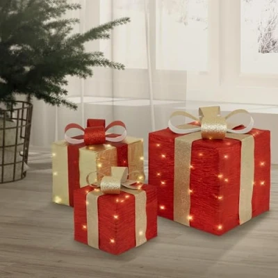 Abbildung von ECD Germany 3er Set LED Geschenkboxen mit 90 warmweißen LEDs, Rot Gold, Drahtgestell, Weihnachtsdeko Innen, Beleuchtete Geschenkbox batteriebetrieben Timer, Weihnachtsgeschenkbox
