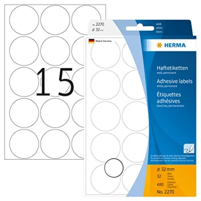 Abbildung von HERMA 2270 Punktaufkleber Klebepunkte weiß, 480 Stück, Ø 32 mm, 15 pro Bogen, selbstklebend, Markierungspunkte für Kalender Planer Basteln, matt, blanko Papier Farbpunkte Aufkleber