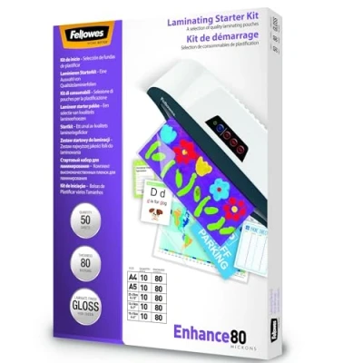 Abbildung von Fellowes Laminierfolien Starterset, 80 Mikron (2 x mic), verschiedene Formate, Inhalt: 50 Stück, transparent