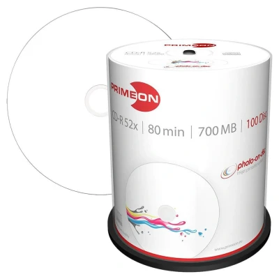 Abbildung von Primeon CD R 80Min/700MB/52x Cakebox (100 Disc), photo on disc Surface, Inkjet Fullsize Printable, weiß