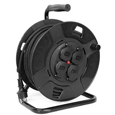 Abbildung von Linder Exclusiv GmbH Profi Kabeltrommel Verlängerungskabel 4 fach (25 o. 50 m Kabel, Kabellänge m), drehbarer Wickelgriff stabilen Metallständer Haltegriff